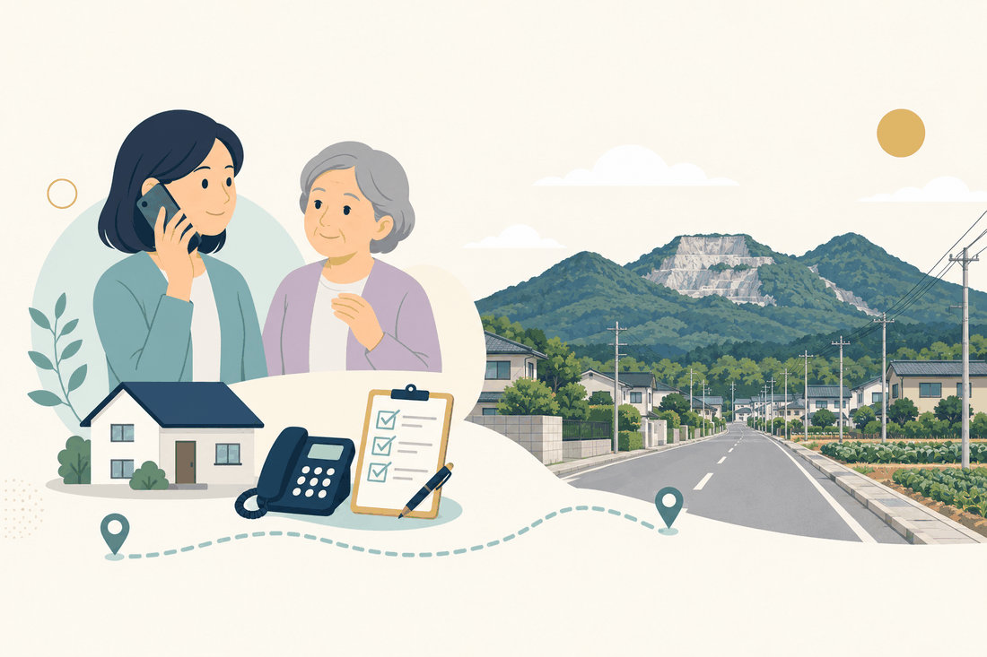 離れて暮らす家族と親、電話、確認表と、香春町の風景を描いた案内イラスト