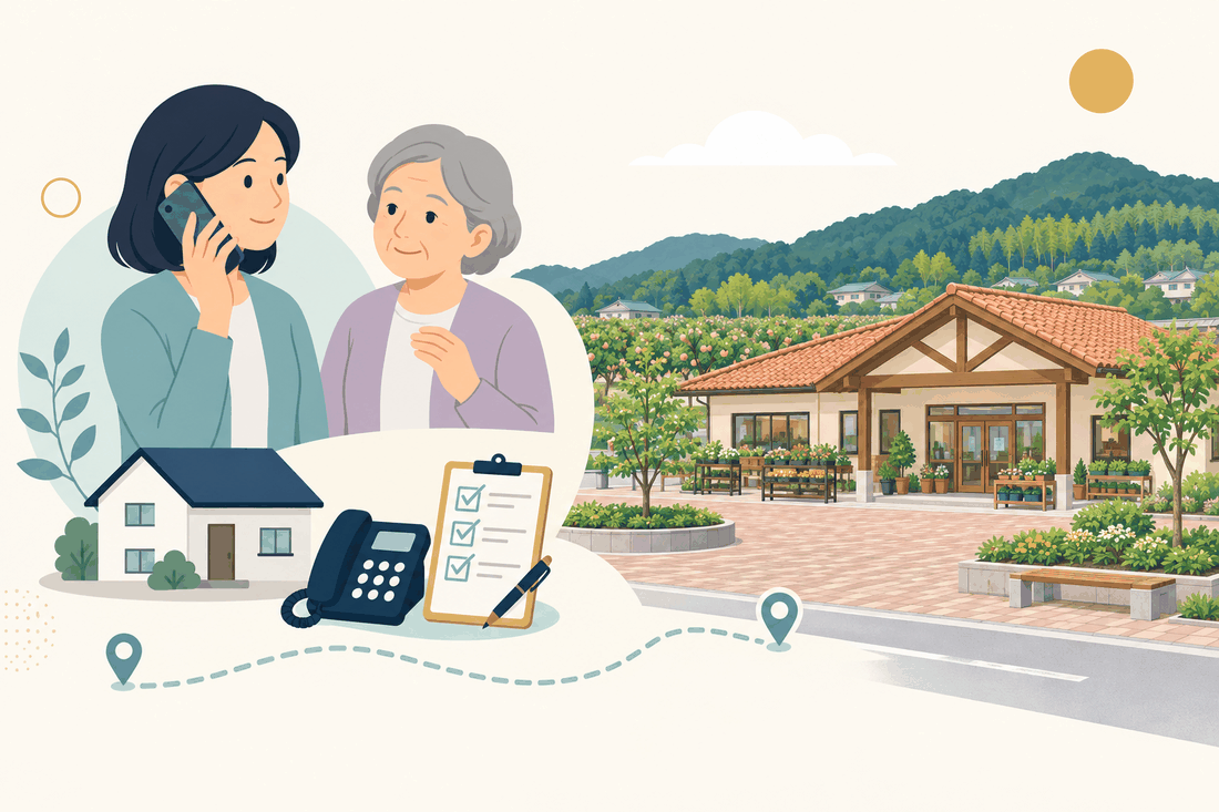 離れて暮らす家族と親、電話、確認表と、川崎町の風景を描いた案内イラスト