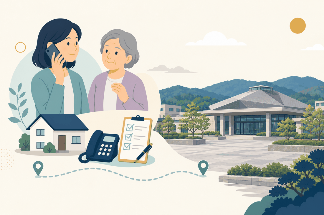 離れて暮らす家族と親、電話、確認表と、桂川町の風景を描いた案内イラスト