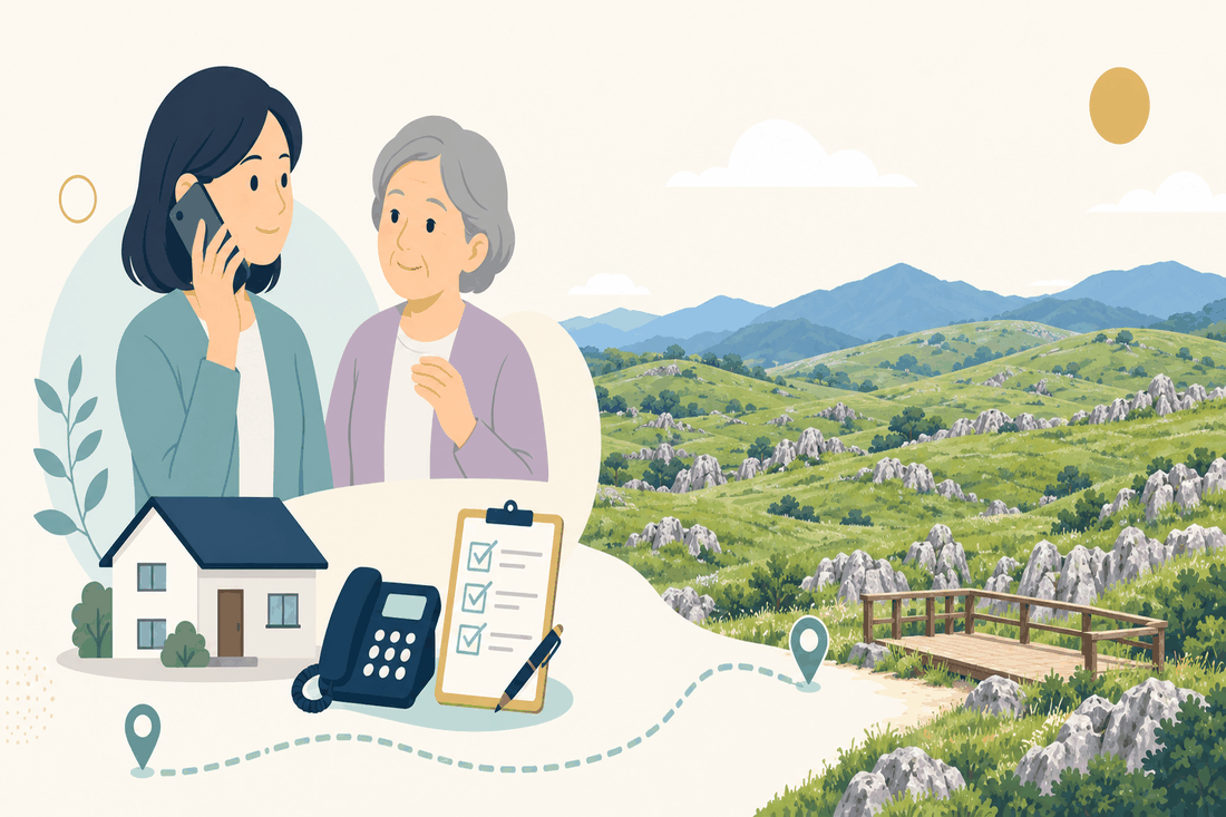 離れて暮らす家族と親、電話、確認表と、北九州市の風景を描いた案内イラスト