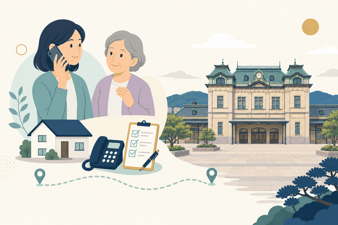 離れて暮らす家族と親、電話、確認表と、北九州市の風景を描いた案内イラスト