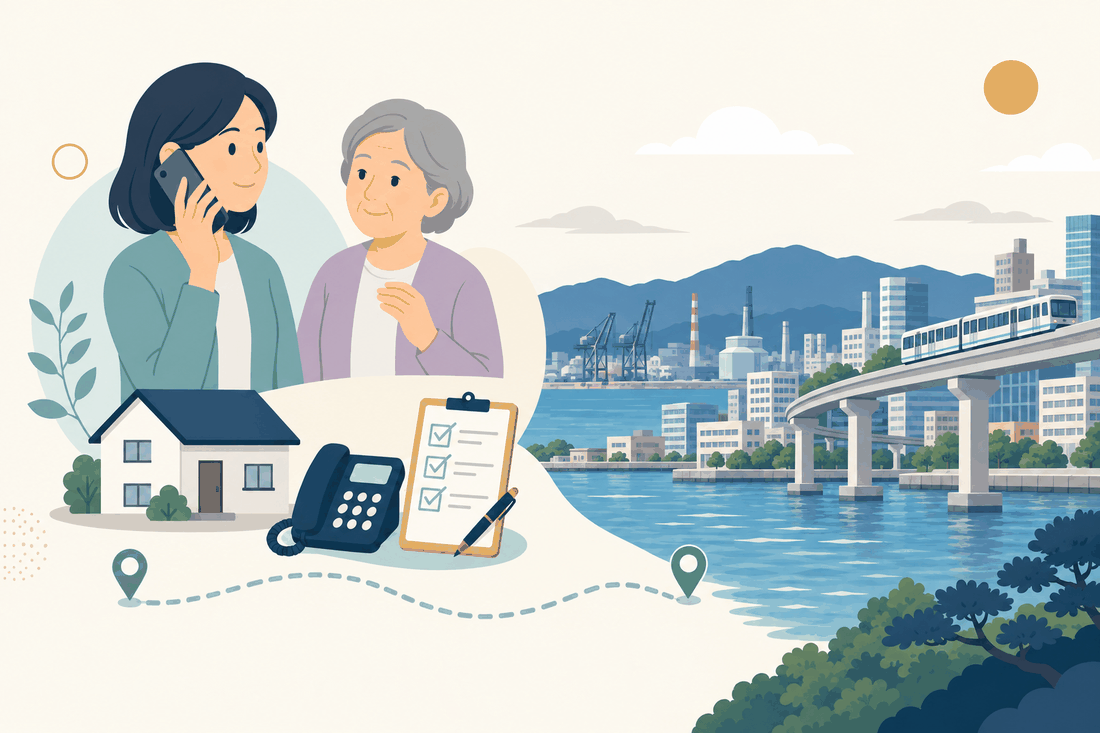 離れて暮らす娘と親、電話、確認表、臨海工業地帯と高架を走る北九州モノレールを描いた案内イラスト