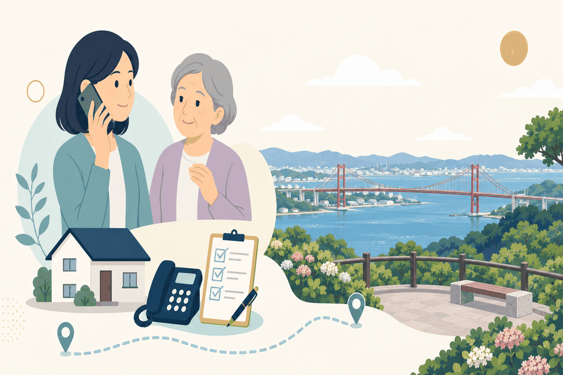 離れて暮らす家族と親、電話、確認表と、北九州市の風景を描いた案内イラスト
