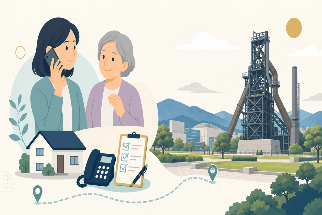 離れて暮らす家族と親、電話、確認表と、北九州市の風景を描いた案内イラスト