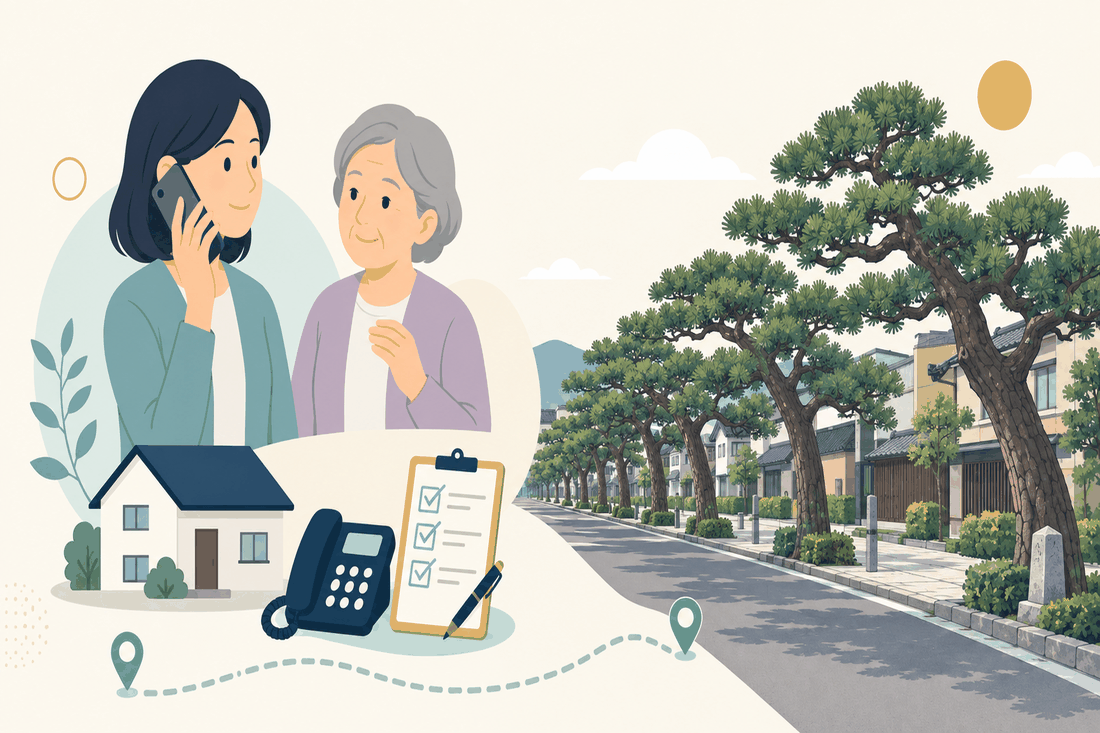 離れて暮らす家族と親、電話、確認表と、北九州市の風景を描いた案内イラスト