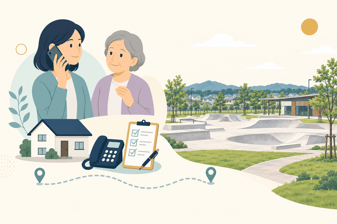 離れて暮らす家族と親、電話、確認表と、古賀市の風景を描いた案内イラスト