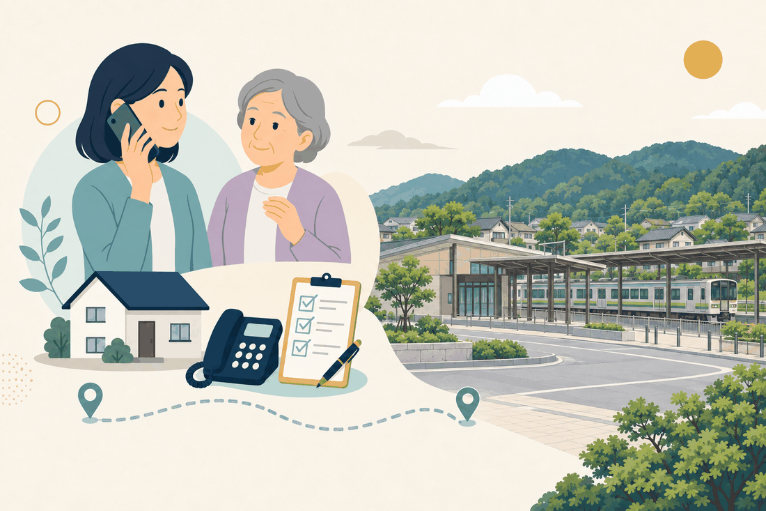離れて暮らす家族と親、電話、確認表と、小竹町の風景を描いた案内イラスト
