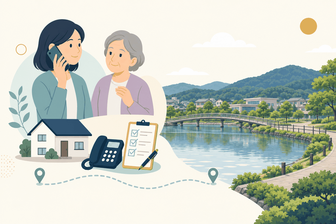 離れて暮らす家族と親、電話、確認表と、上毛町の風景を描いた案内イラスト