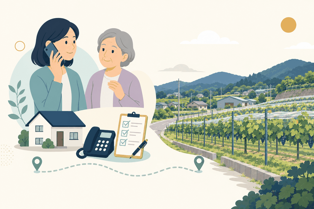 離れて暮らす家族と親、電話、確認表と、鞍手町の風景を描いた案内イラスト