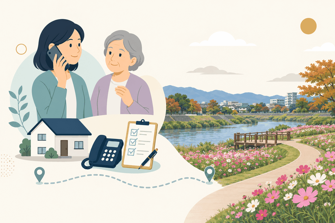離れて暮らす家族と親、電話、確認表、コスモス畑の広がる筑後川沿いの散策路を描いた案内イラスト