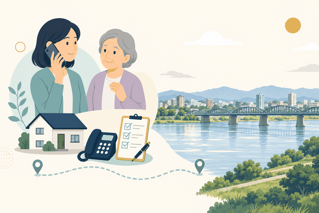 離れて暮らす家族と親、電話、確認表、筑後川に架かる橋と久留米市街の眺めを描いた案内イラスト