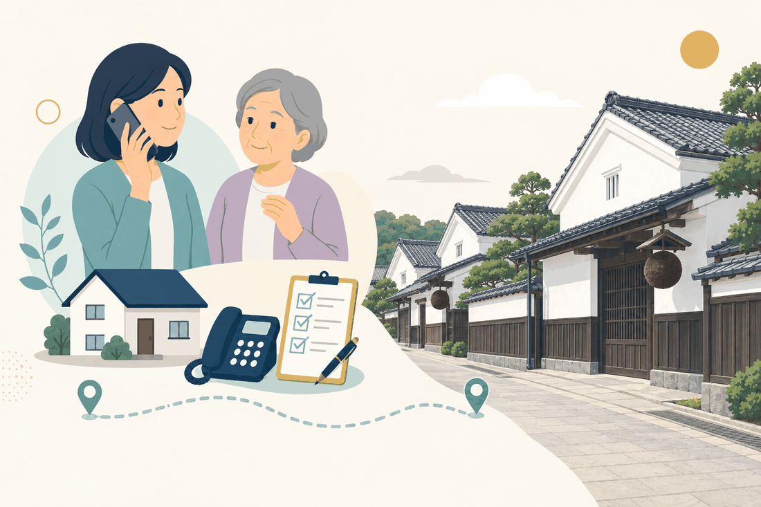 離れて暮らす家族と親、電話、確認表、城島の白壁土蔵と杉玉が並ぶ酒蔵通りを描いた案内イラスト