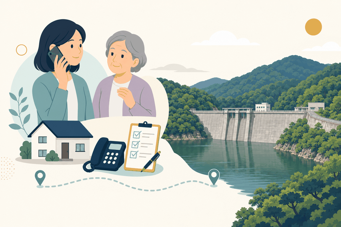 離れて暮らす家族と親、電話、確認表と、宮若市の風景を描いた案内イラスト