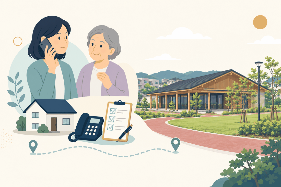 離れて暮らす家族と親、電話、確認表と、水巻町の風景を描いた案内イラスト