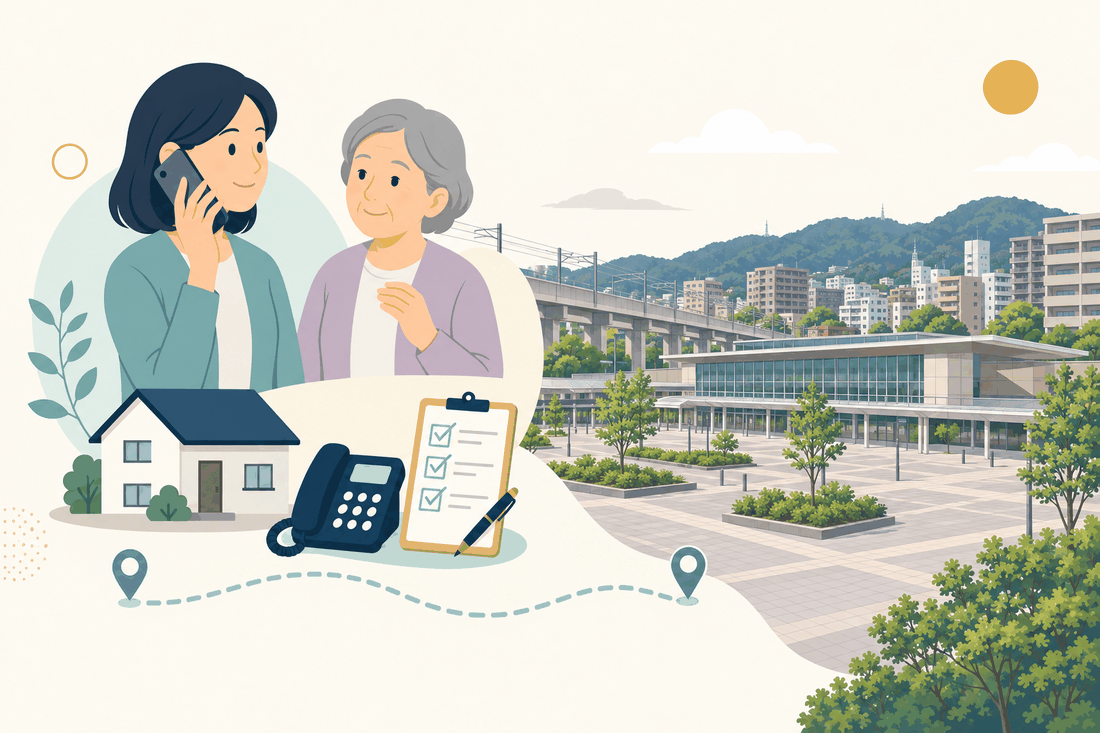 離れて暮らす家族と親、電話、確認表と、那珂川市の風景を描いた案内イラスト