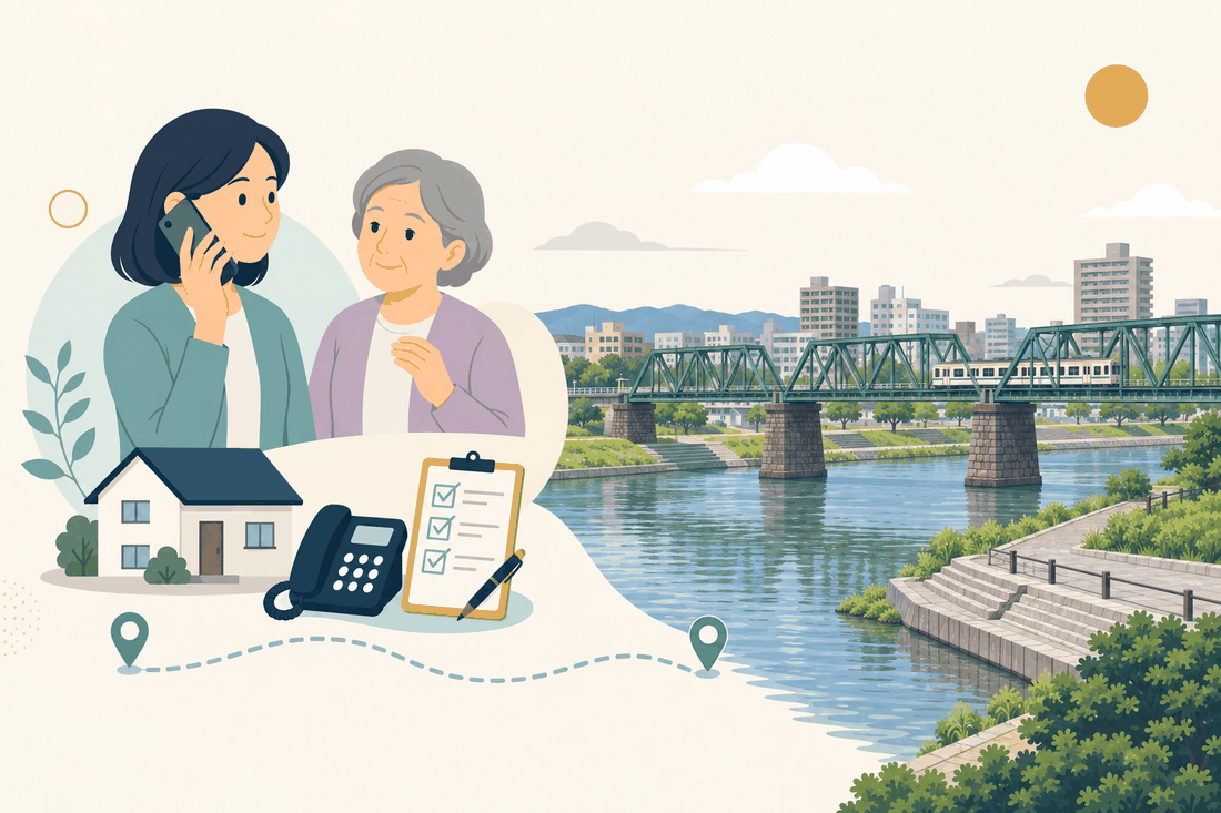 離れて暮らす家族と親、電話、確認表と、中間市の風景を描いた案内イラスト