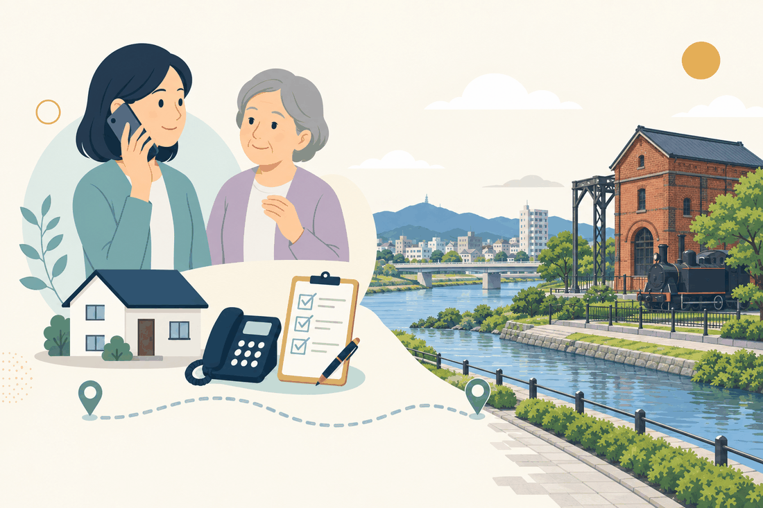 離れて暮らす家族と親、電話、確認表と、直方市の風景を描いた案内イラスト