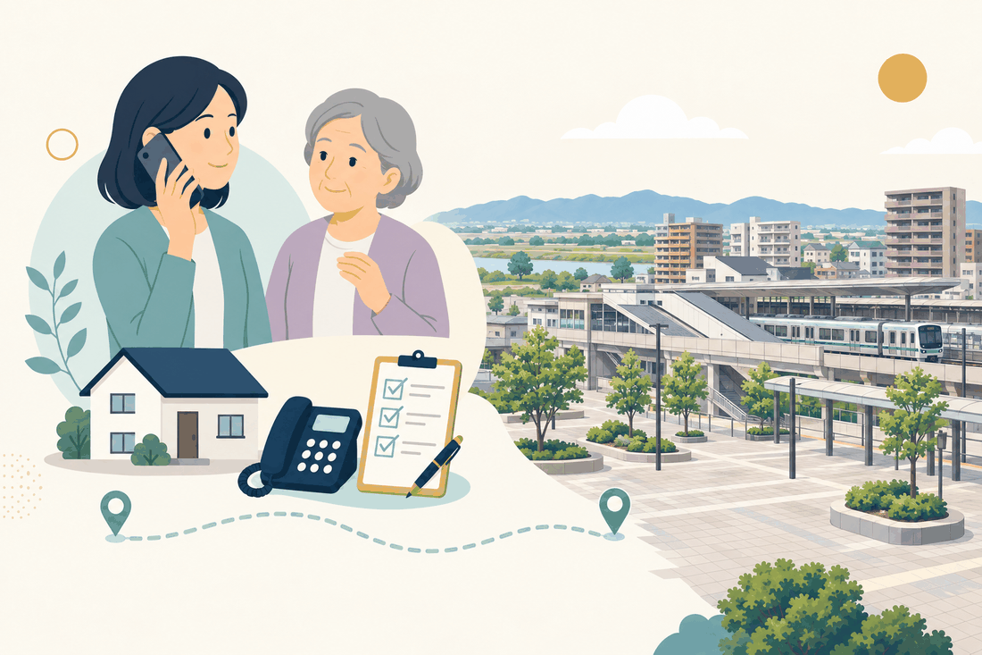 離れて暮らす家族と親、電話、確認表と、小郡市の風景を描いた案内イラスト
