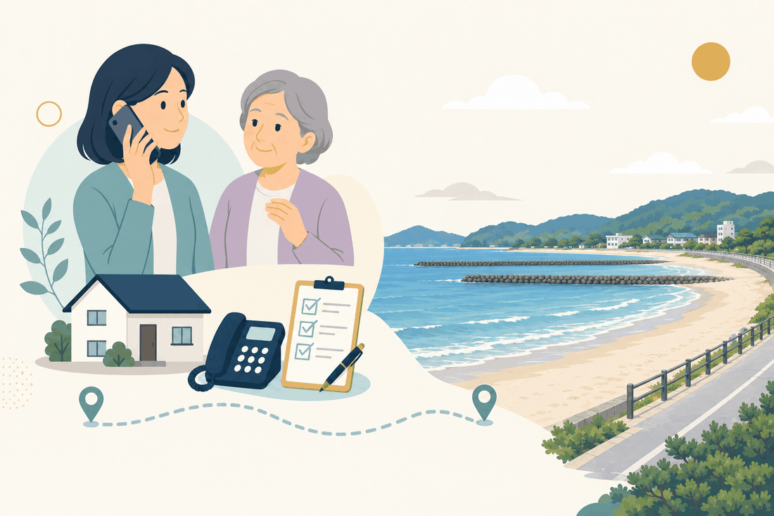 離れて暮らす家族と親、電話、確認表と、岡垣町の風景を描いた案内イラスト