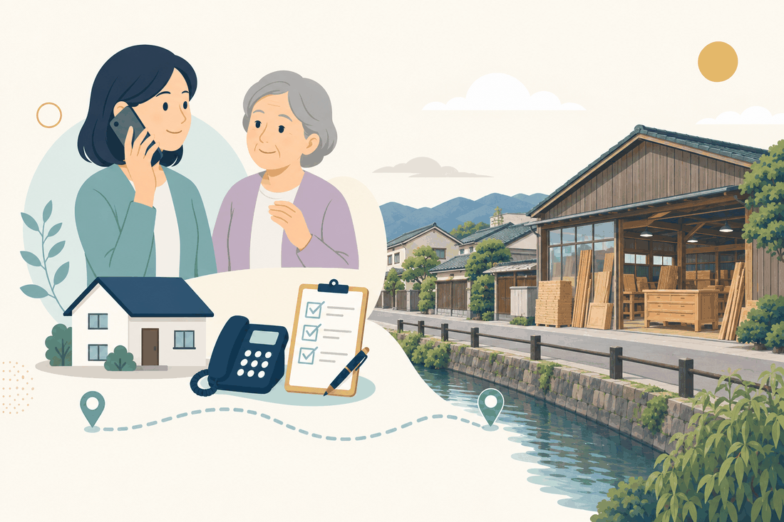 離れて暮らす家族と親、電話、確認表、大川市の家具・木工と筑後川を描いた案内イラスト