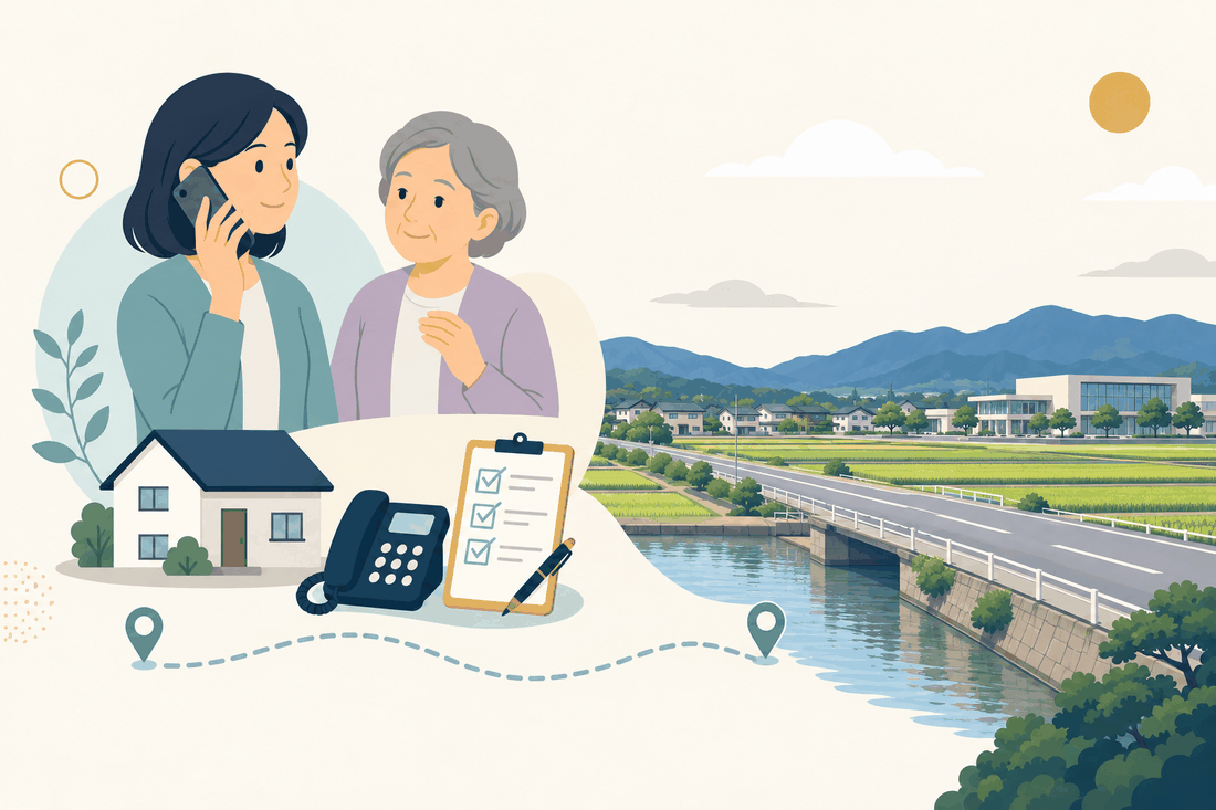 離れて暮らす家族と親、電話、確認表と、大木町の風景を描いた案内イラスト