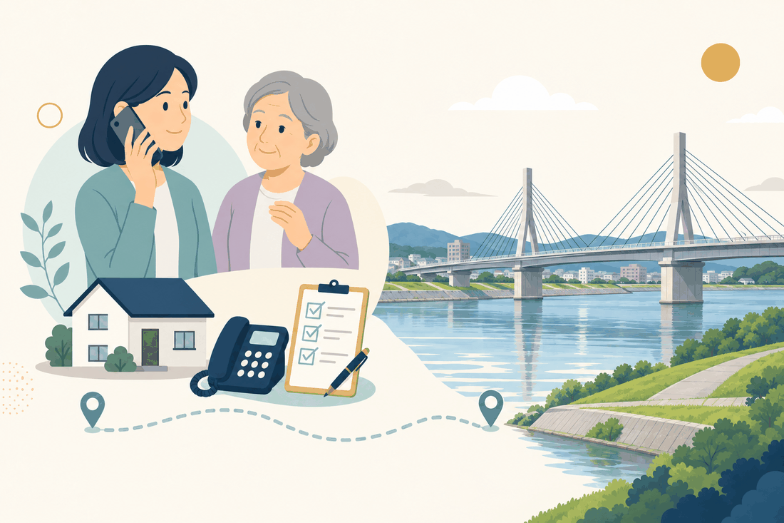 離れて暮らす家族と親、電話、確認表と、遠賀町の風景を描いた案内イラスト