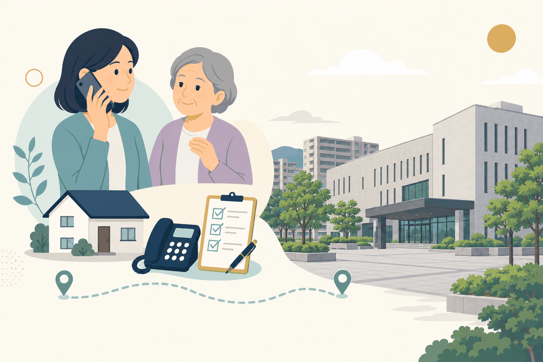 離れて暮らす家族と親、電話、確認表と、大野城市の風景を描いた案内イラスト