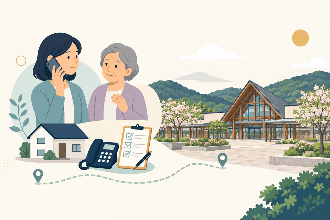 離れて暮らす家族と親、電話、確認表と、大任町の風景を描いた案内イラスト