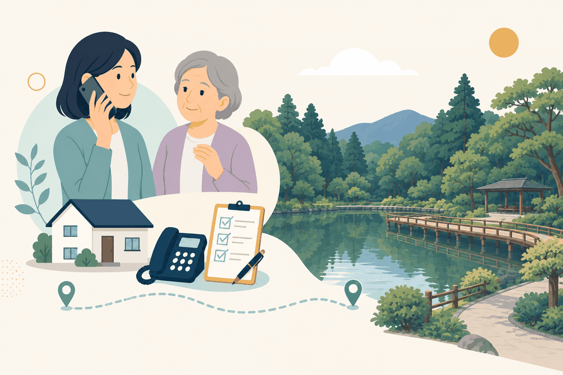 離れて暮らす家族と親、電話、確認表と、篠栗町の風景を描いた案内イラスト