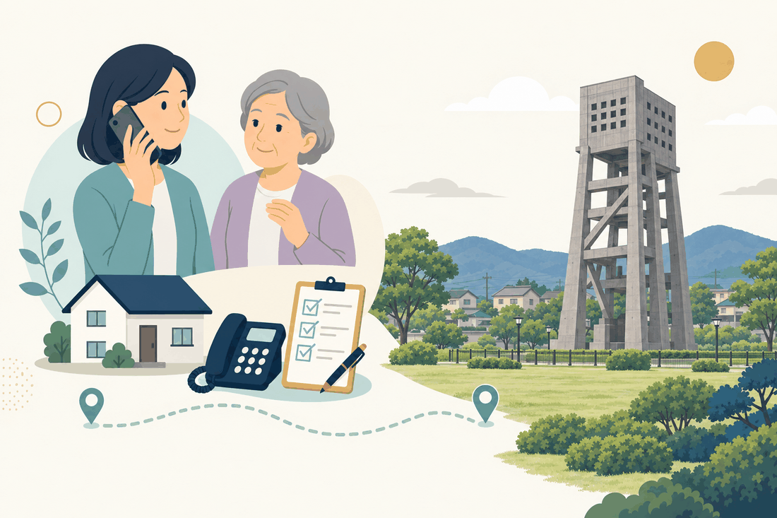 離れて暮らす家族と親、電話、確認表と、志免町の風景を描いた案内イラスト