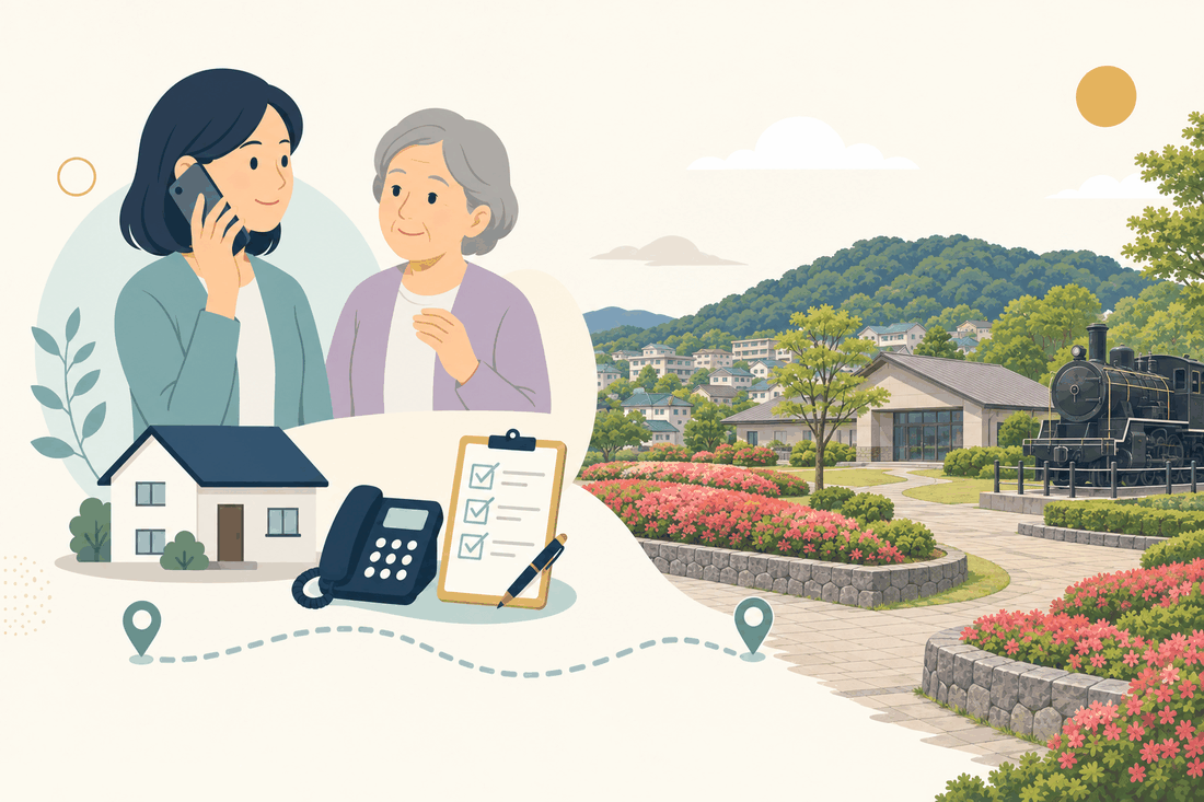 離れて暮らす家族と親、電話、確認表と、須恵町の風景を描いた案内イラスト