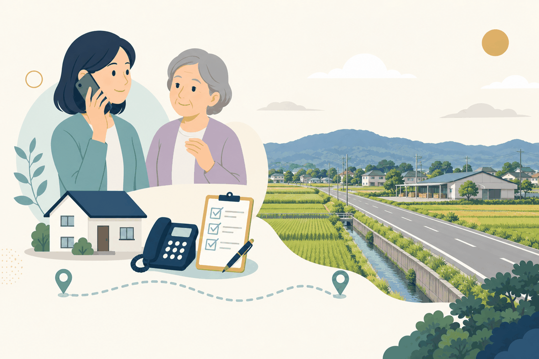 離れて暮らす家族と親、電話、確認表と、大刀洗町の風景を描いた案内イラスト