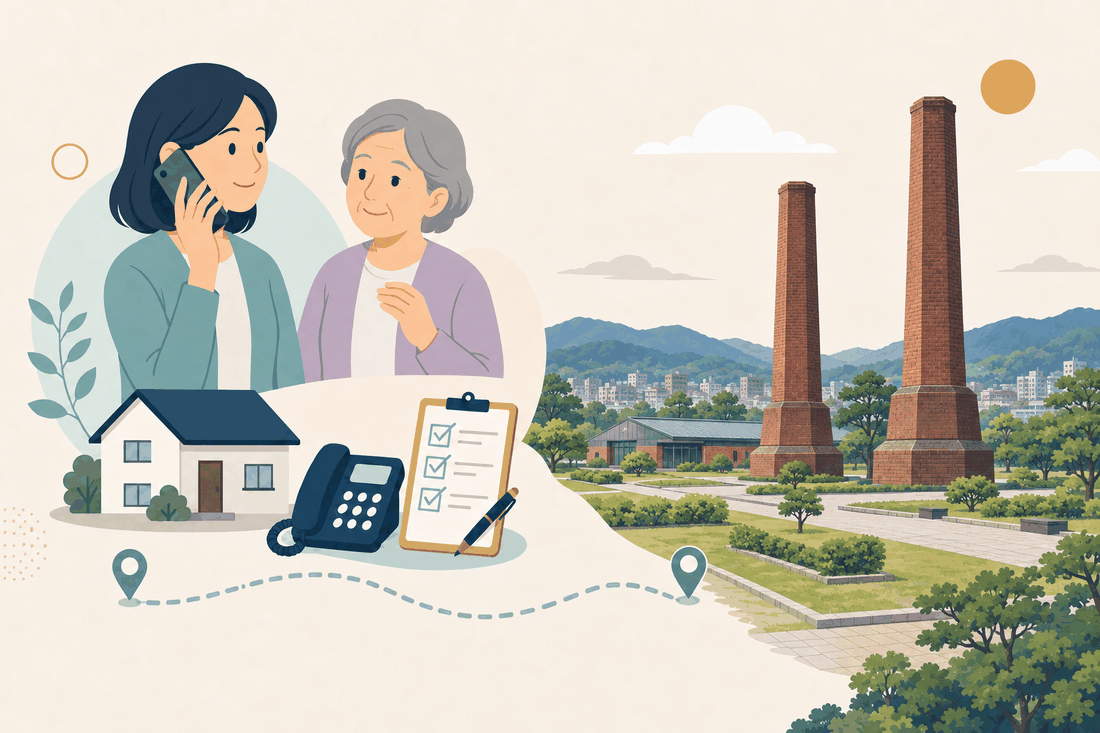離れて暮らす家族と親、電話、確認表と、田川市の風景を描いた案内イラスト