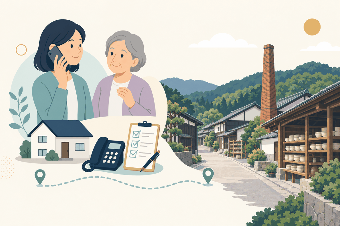離れて暮らす家族と親、電話、確認表と、東峰村の風景を描いた案内イラスト