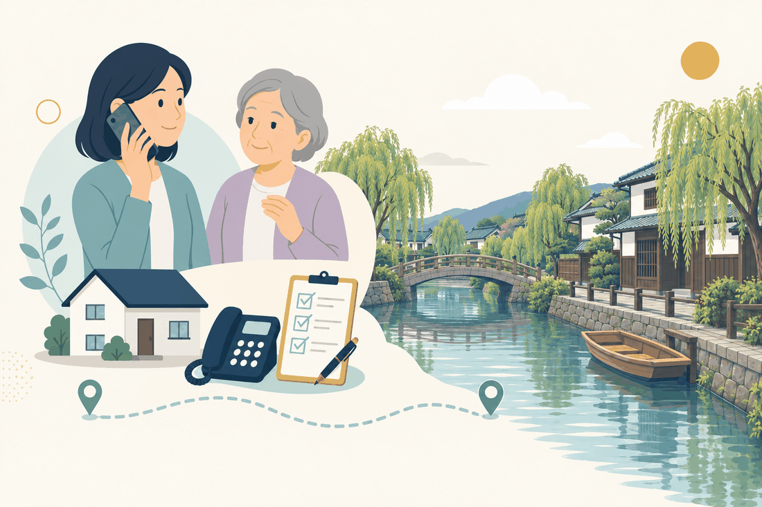 離れて暮らす家族と親、電話、確認表と、柳川市の風景を描いた案内イラスト