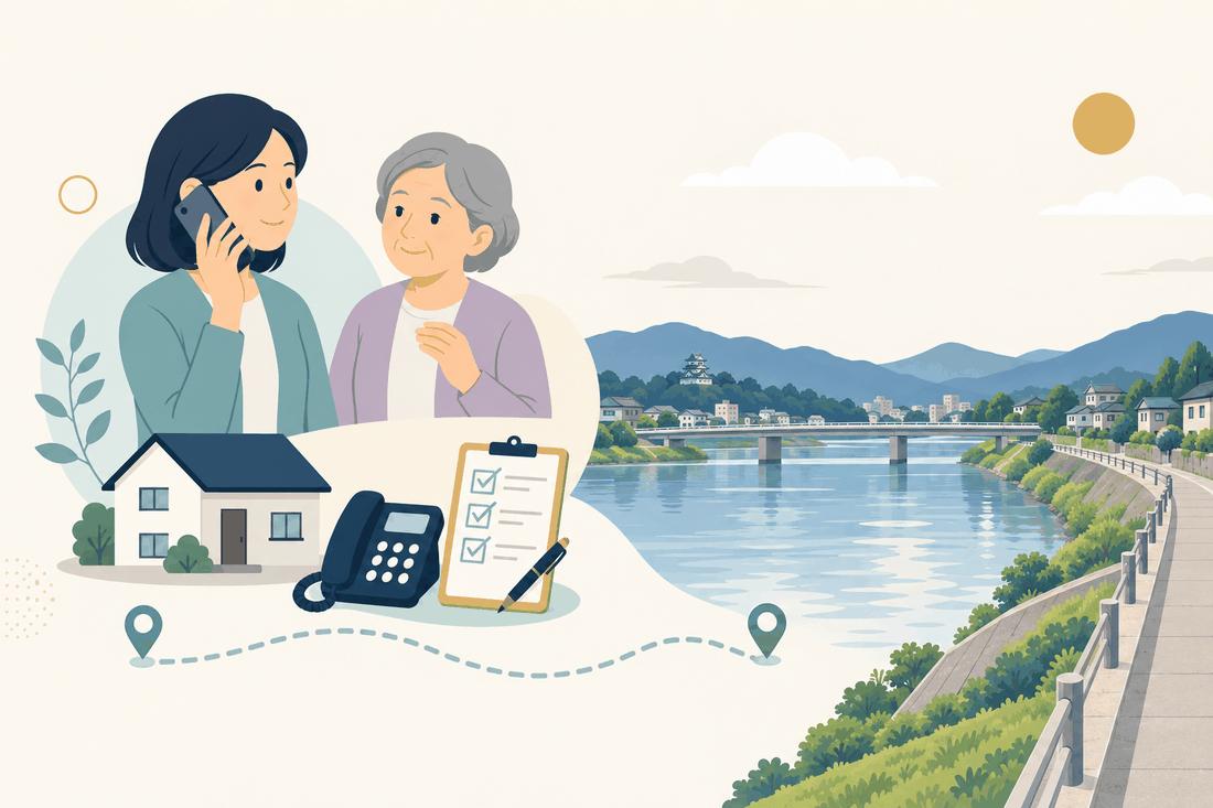離れて暮らす家族と親、電話、確認表と、吉富町の風景を描いた案内イラスト