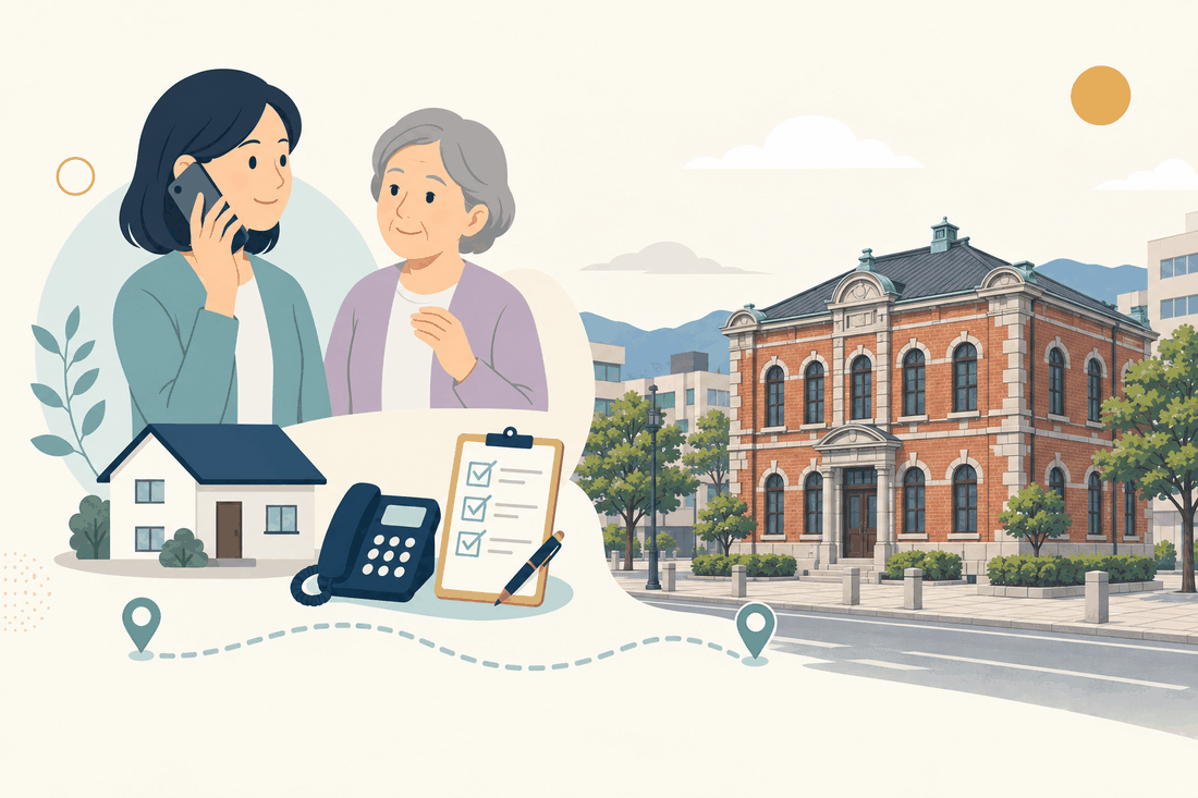 離れて暮らす家族と親、電話、確認表と、行橋市の風景を描いた案内イラスト
