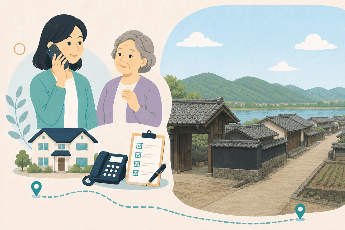 離れて暮らす娘と親、電話、確認表、北部の風景を描いた福山市北部版の案内イラスト