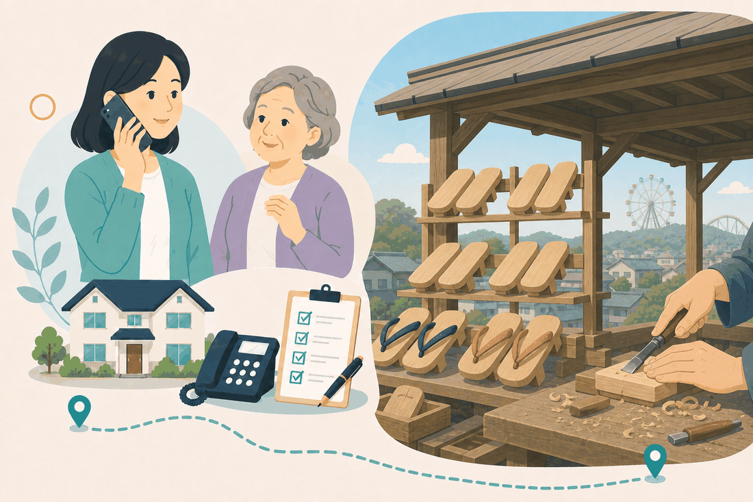 離れて暮らす娘と親、電話、確認表、松永の風景を描いた福山市松永版の案内イラスト