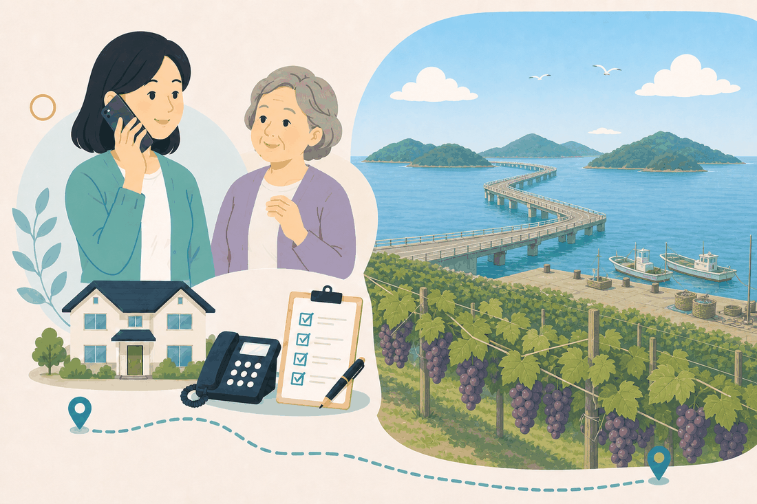 離れて暮らす娘と親、電話、確認表、沼隈・内海の風景を描いた福山市沼隈・内海版の案内イラスト