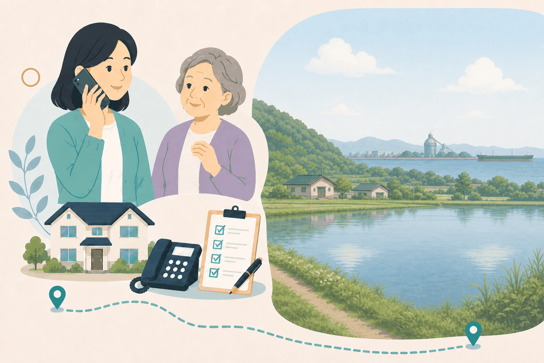 離れて暮らす娘と親、電話、確認表、東部の風景を描いた福山市東部版の案内イラスト