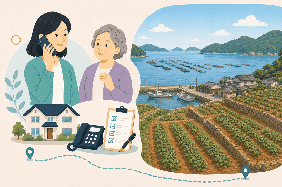 離れて暮らす娘と親、電話、確認表、安芸津の風景を描いた東広島市安芸津版の案内イラスト