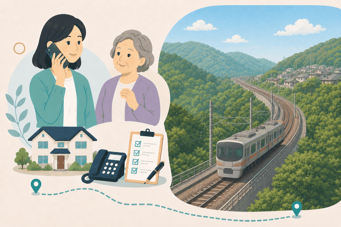 離れて暮らす娘と親、電話、確認表、八本松の風景を描いた東広島市八本松版の案内イラスト
