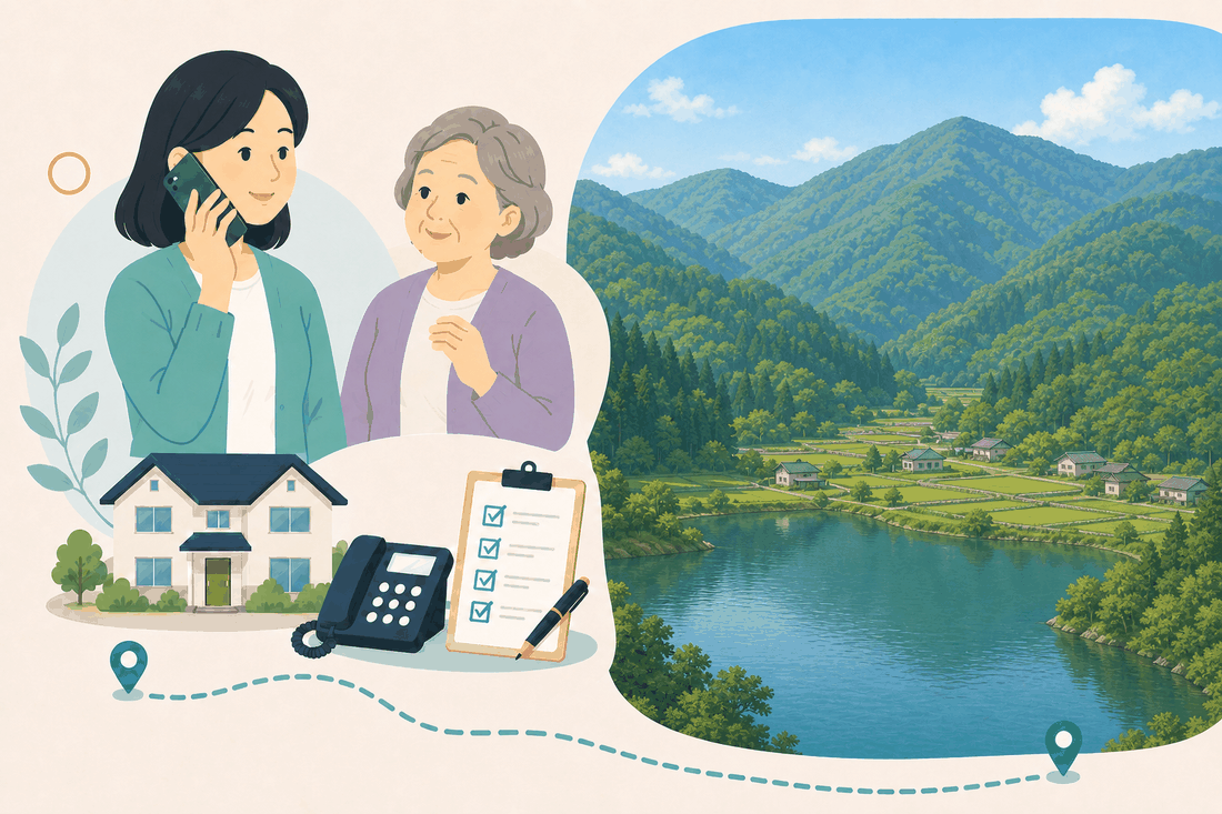 離れて暮らす娘と親、電話、確認表、北部の風景を描いた東広島市北部版の案内イラスト