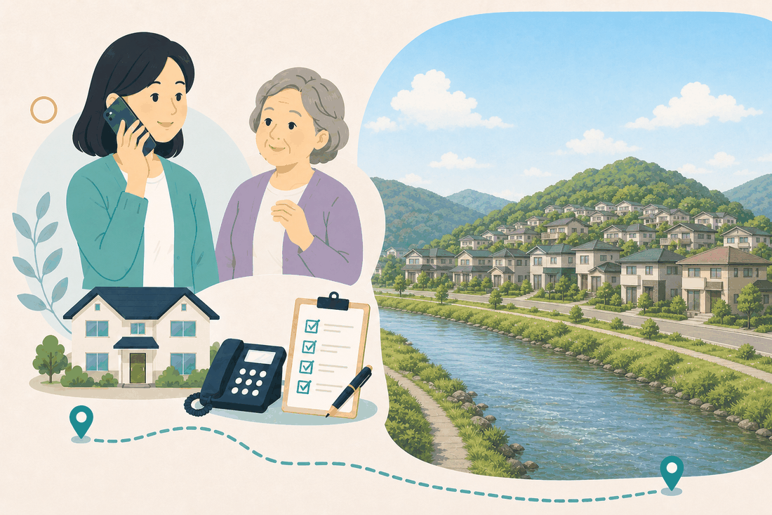 離れて暮らす娘と親、電話、確認表、黒瀬の風景を描いた東広島市黒瀬版の案内イラスト