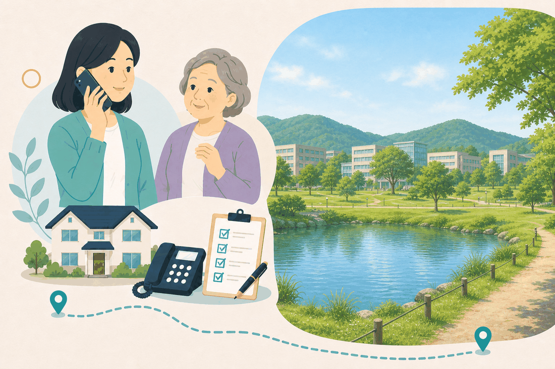 離れて暮らす娘と親、電話、確認表、西条南の風景を描いた東広島市西条南版の案内イラスト