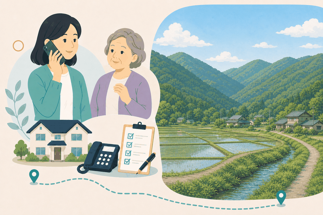 離れて暮らす娘と親、電話、確認表、志和の風景を描いた東広島市志和版の案内イラスト