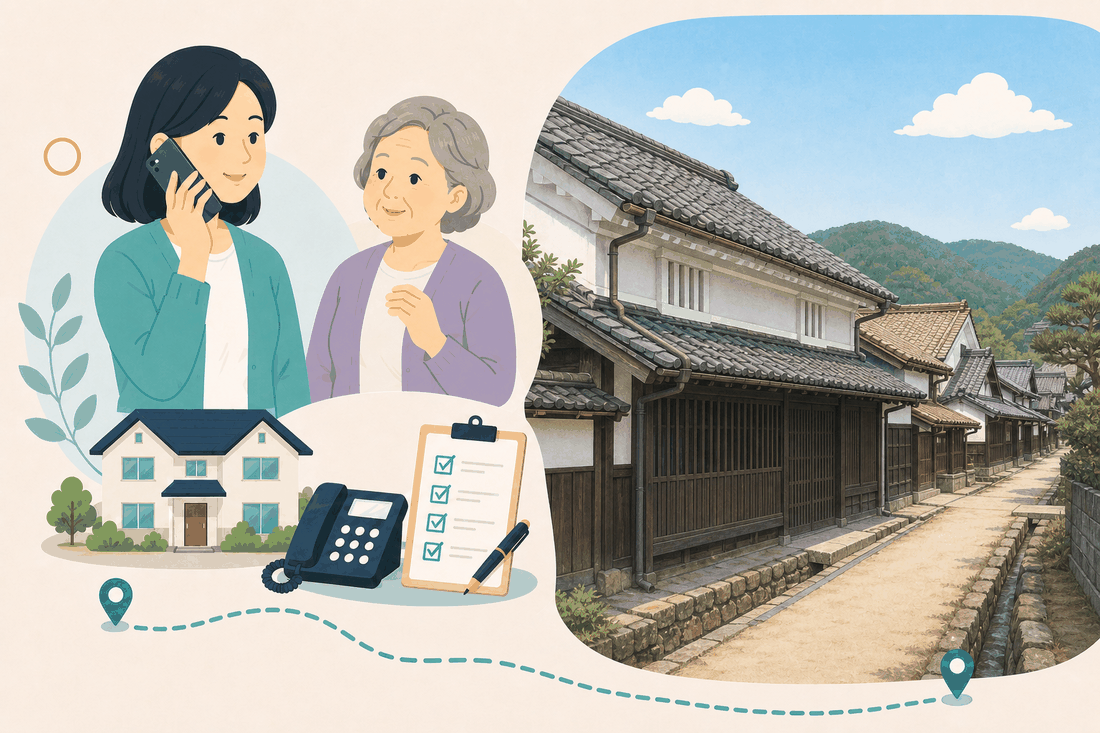 離れて暮らす娘と親、電話、確認表、高屋の風景を描いた東広島市高屋版の案内イラスト