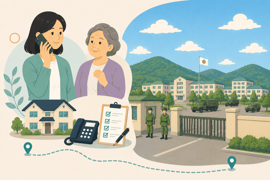 離れて暮らす娘と親、電話、確認表、海田町の駐屯地の門と背後の山を描いた案内イラスト