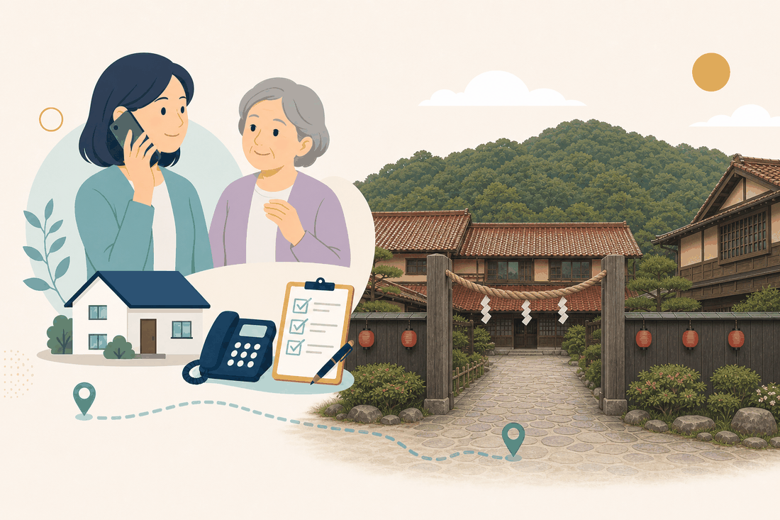 離れて暮らす娘が電話をかけ、そばに親がいる。手前に家、固定電話、確認表。奥に、神楽門前湯治村の入口。木の門柱に太い注連縄がかかり、板塀に赤い提灯が並ぶ。石畳の道の両側に瓦屋根の格子造りの建物が続き、背後に緑の山が近い
